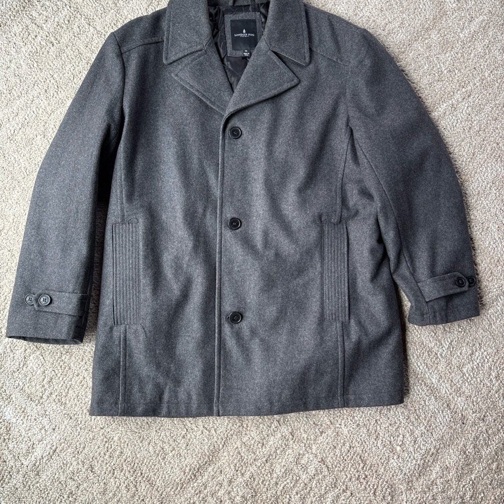 London Fog Men's Wool Trench Coat Gray, Long Sleeve, Pocket, Button XL